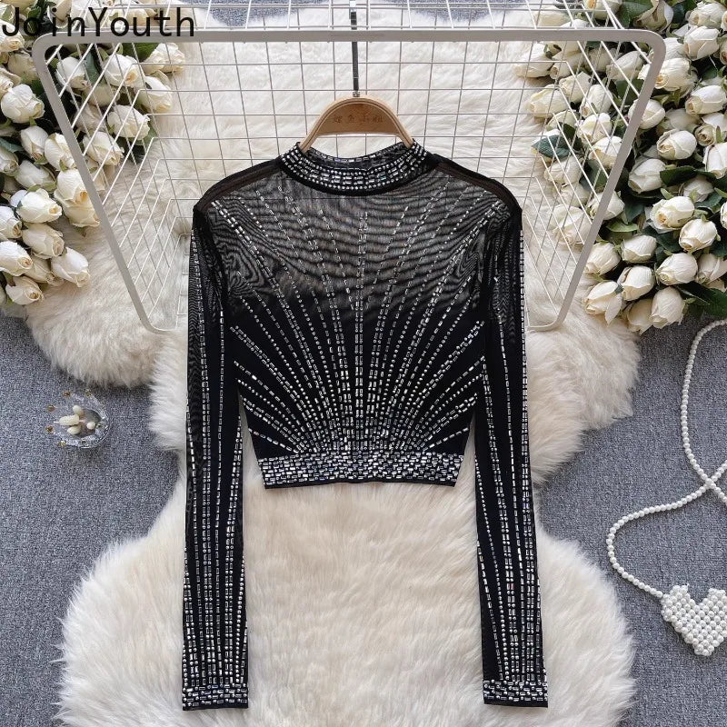 Fashion Tshirts Women's Clothing Heavy Diamond Tunic Tees  Ropa Mujer Crop Tops Sexy See Throught Gauze T Shirt Y2k T-shirt