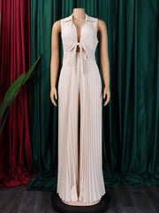 Sexy Deep V Neck Pleated Jumpsuits High Quality Sleeveless Wide Leg Pants