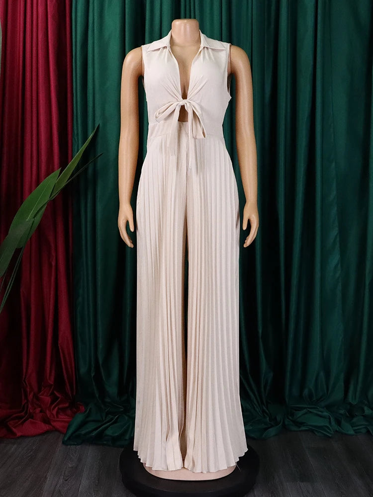 Sexy Deep V Neck Pleated Jumpsuits High Quality Sleeveless Wide Leg Pants