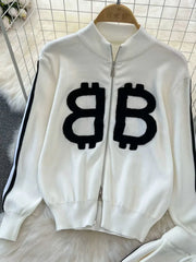 Two-piece set, high-neck sweater with zipper and high-quality wide-leg pants