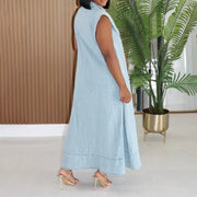 Long Dress Women Denim Dresses A Line Vestidos  Streetwear Turn Down Collar Sleeveless Elegant Casual Loose