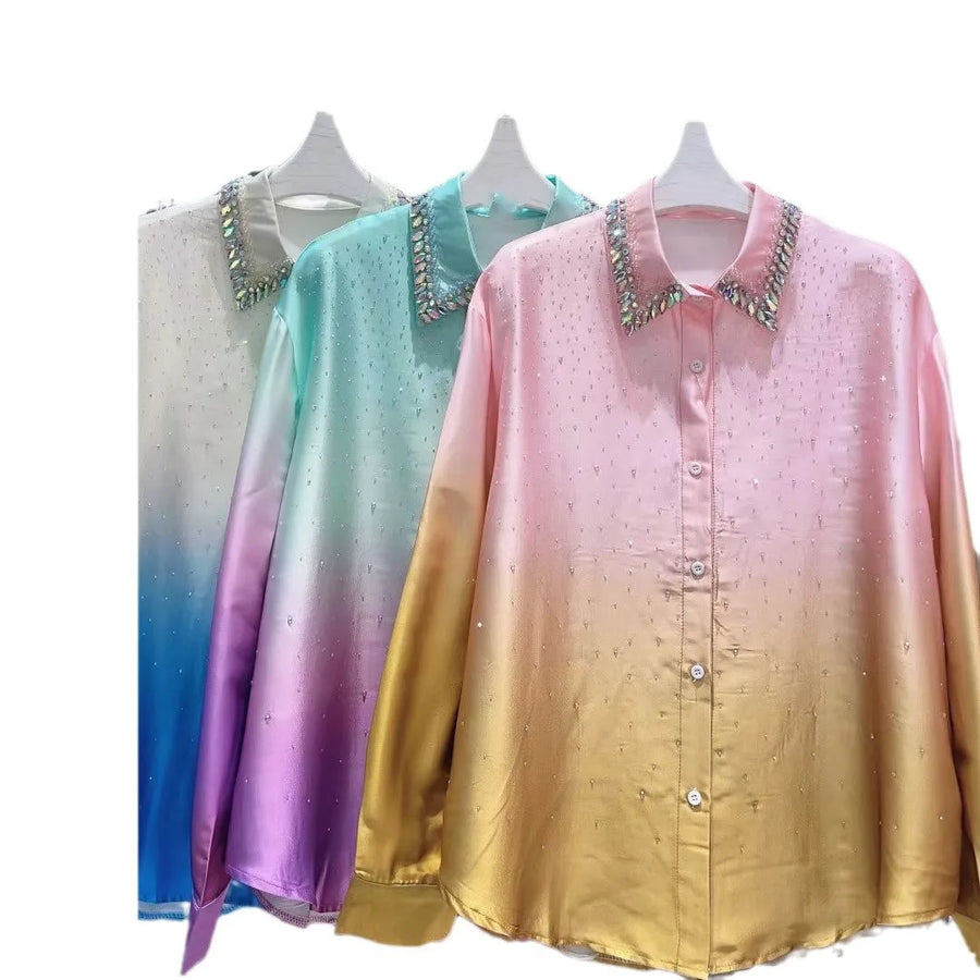 Fashion Gradient Rhinestone Mercerized Cotton Blouse  Spring Rhinestone Lapel Long Sleeve Single-Breasted Shirt for Women