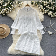 Retro Two Piece Set Hollow Out Long Sleeve Shirt+High Quality Mini Skirts
