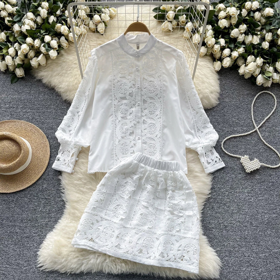 Retro Two Piece Set Hollow Out Long Sleeve Shirt+High Quality Mini Skirts