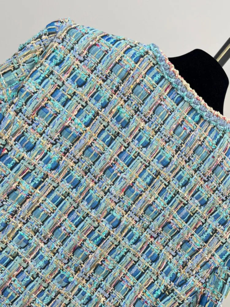 New Women Autumn Elegant French Style O-Neck Tweed Jacket Plaid Single Breasted Slim Fit Short Top Party Banquet Coat Outerwear