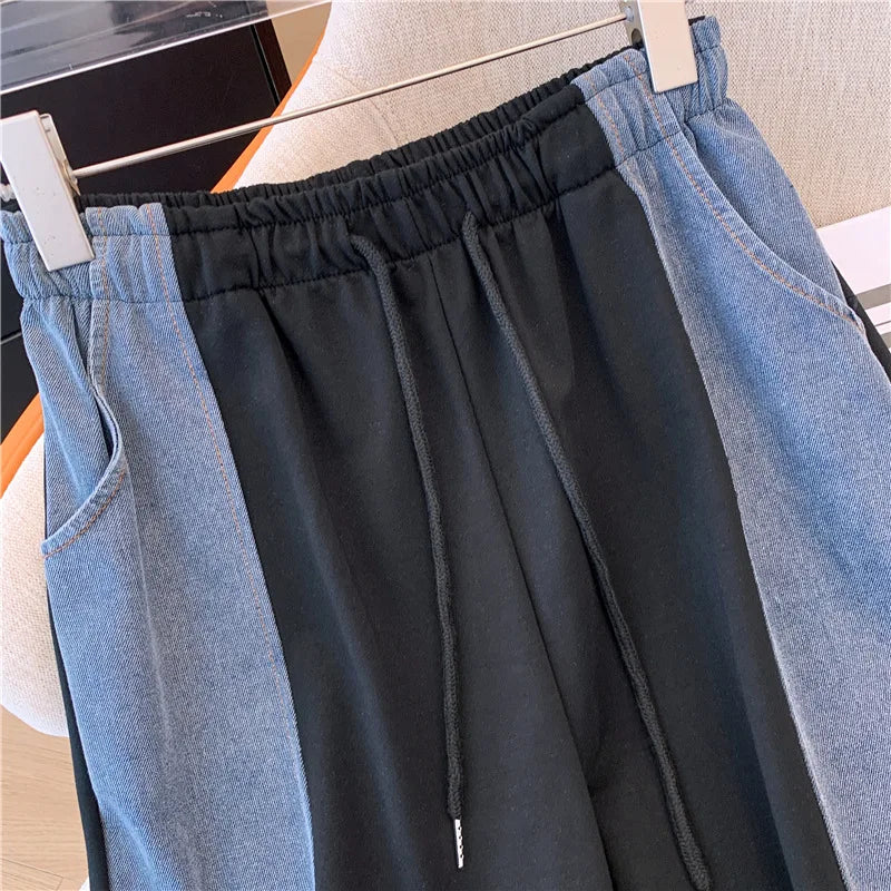 Summer New Stitched Zipper T-shirt top Female Set Elegant Women's Jeans Casual Blouse Two Piece Set Ladies Tracksuits big