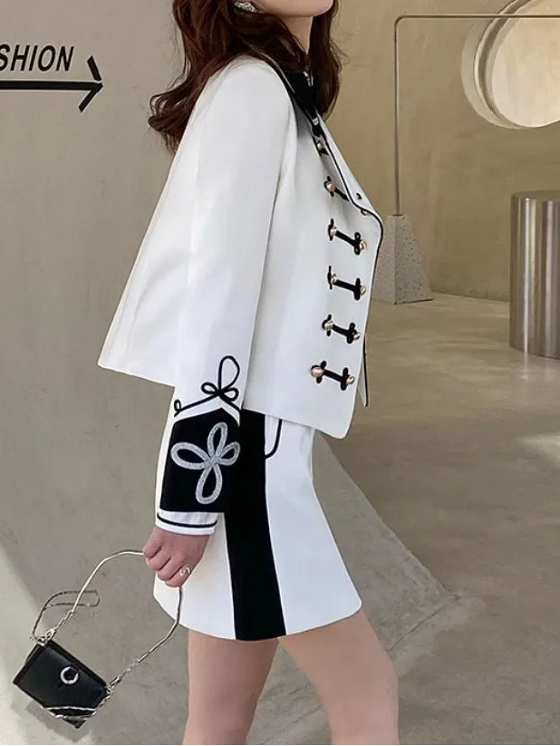 British Style Office Ladies White Suit Jacket Skirt Two Piece Set Slim Fit New Designer Jacket A-Line Skirt Women Matching Set