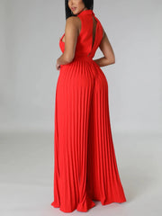 High Quality Back Notched Lapel Button Belt Wide Leg Pleated Sleeveless Jumpsuits