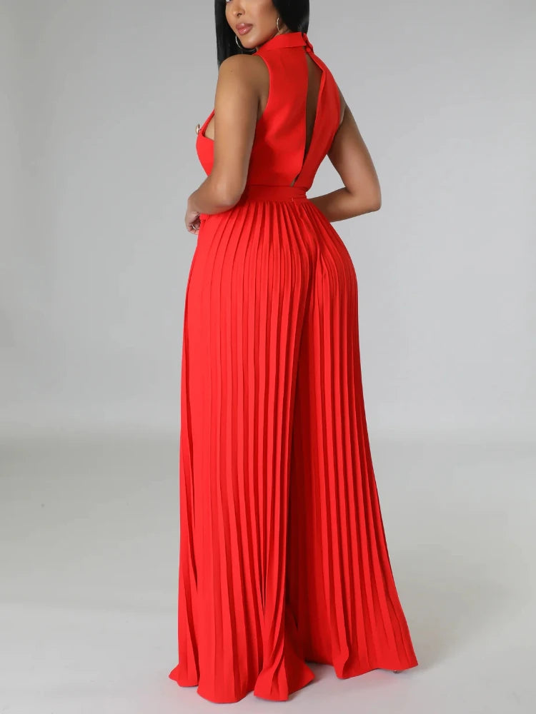 High Quality Back Notched Lapel Button Belt Wide Leg Pleated Sleeveless Jumpsuits