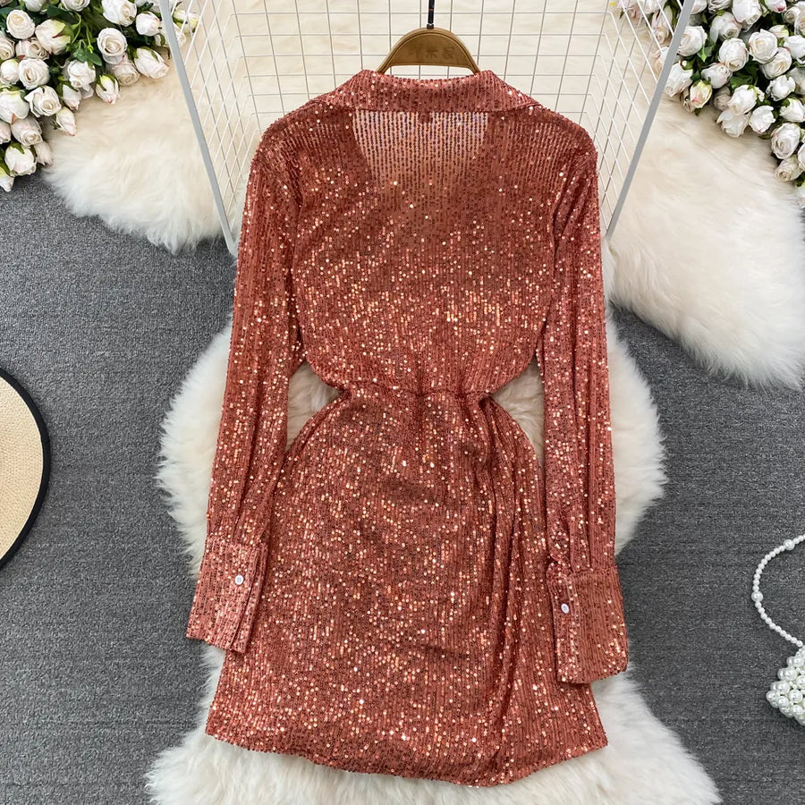 High Quality Elegant Vintage Sexy Sparkly Sequins V-Neck Lace Bodycon Dress