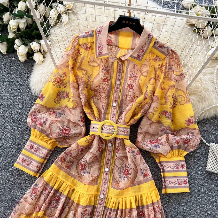 High quality French vintage style elegant button print maxi dress