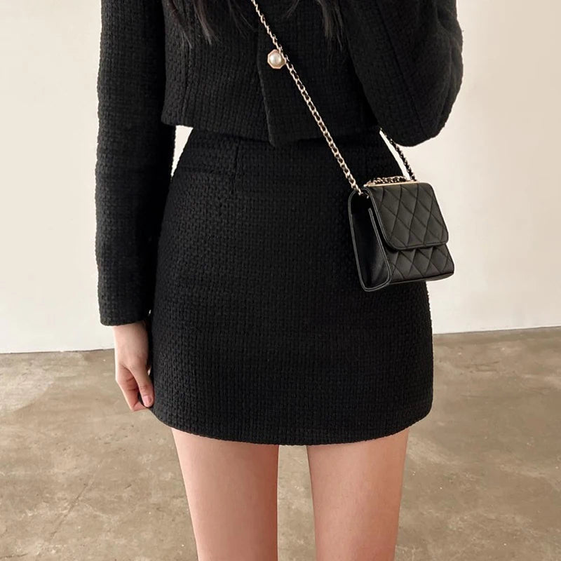 Tweed two piece set single breasted long sleeve crop top + high waist flared mini skirt high quality