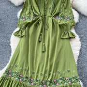 Vintage elegant dress with patchwork embroidery, lace ruffles, high-quality flared sleeves