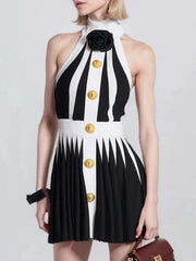 Black White Striped Buttons 3D Pink Pleated Sexy Sleeveless Knitted Mini Dress