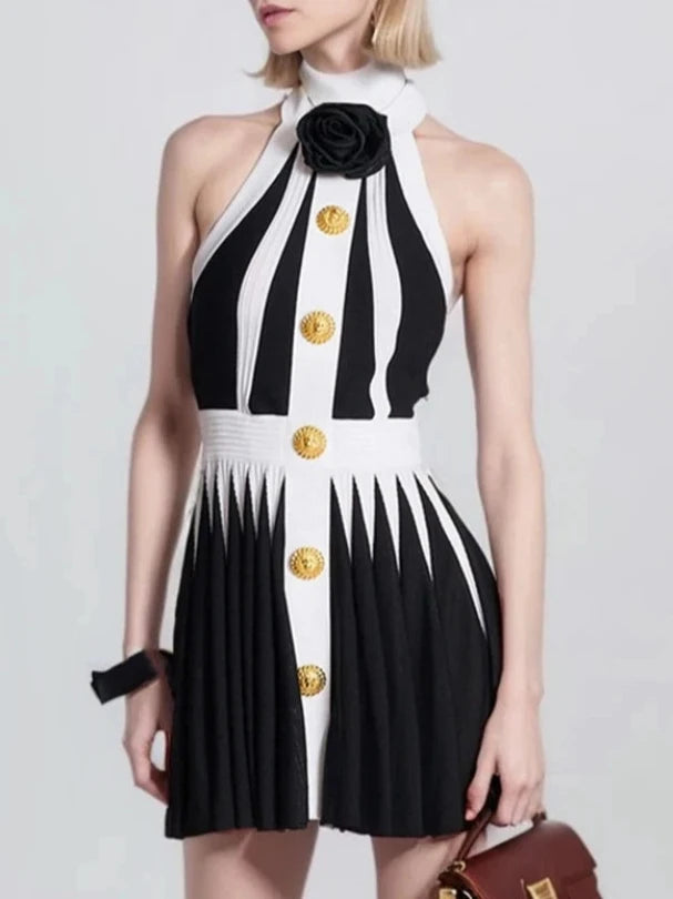 Black White Striped Buttons 3D Pink Pleated Sexy Sleeveless Knitted Mini Dress