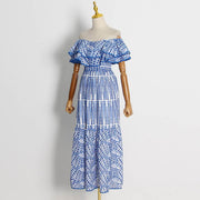 High Quality Double Layer Ruffle Embroidery Off Shoulder Elastic Waist Maxi Dress
