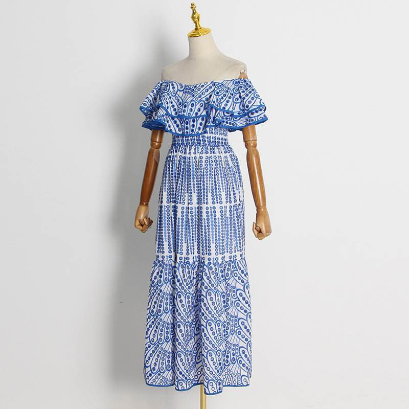 High Quality Double Layer Ruffle Embroidery Off Shoulder Elastic Waist Maxi Dress