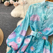 High Quality Floral Print Belted Long Flare Sleeve Stand Collar Flower Mini Dress