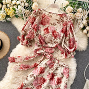 Sexy Two Pieces Sets Chic Bandage chiffon Shirt Top with sweet High Waist mermaid Skirt Beach Vacation Sets