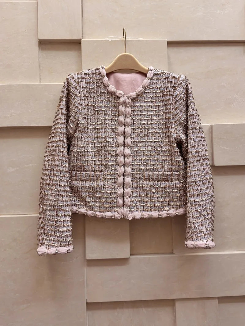 Autumn Winter Office Women Mixed Color Fit Sets Golden Silk O Neck Two Piece Set Tweed Jacket Slim Half Skirt Set Elegant Lady