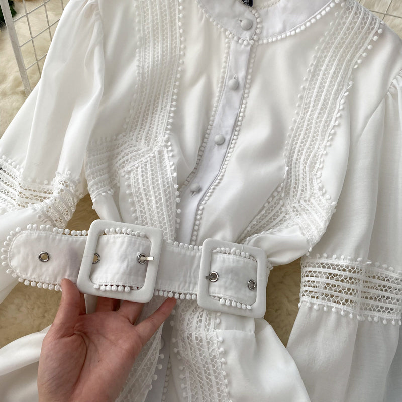 High Quality Stand Collar Puff Long Sleeve Button A Line Short Dress