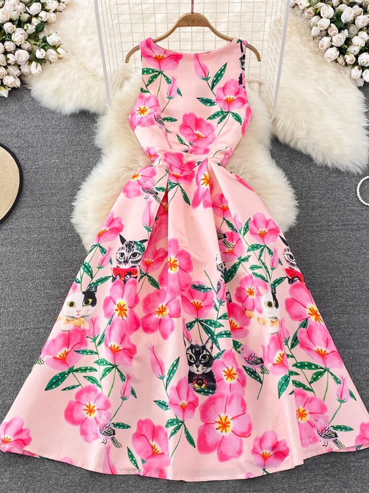 High Quality O Neck Sleeveless Floral Midi Dress
