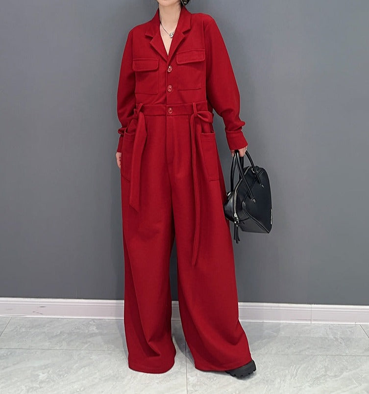 High Quality Loose Wide Leg Long Sleeve Solid Color One Piece Jumpsuit
