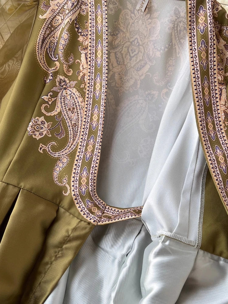 High-quality paisley print patchwork wrap puff sleeve maxi party dress