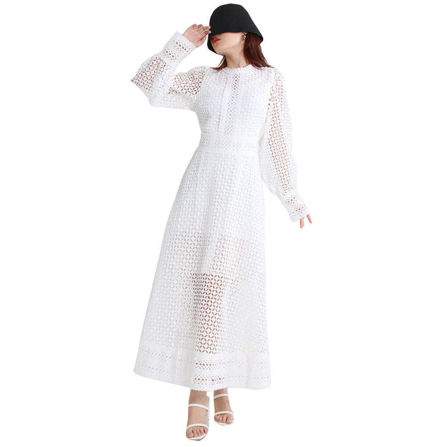 Vintage dresses round neck, flare sleeve, high waist, hollow out patchwork, high quality embroidery