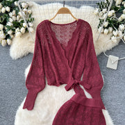 Two Piece Sets Women Skirt Set Full Sleeve Tops Long Skirts A Line High Waist  Streetwear Hollow Out Knit Work Autumn