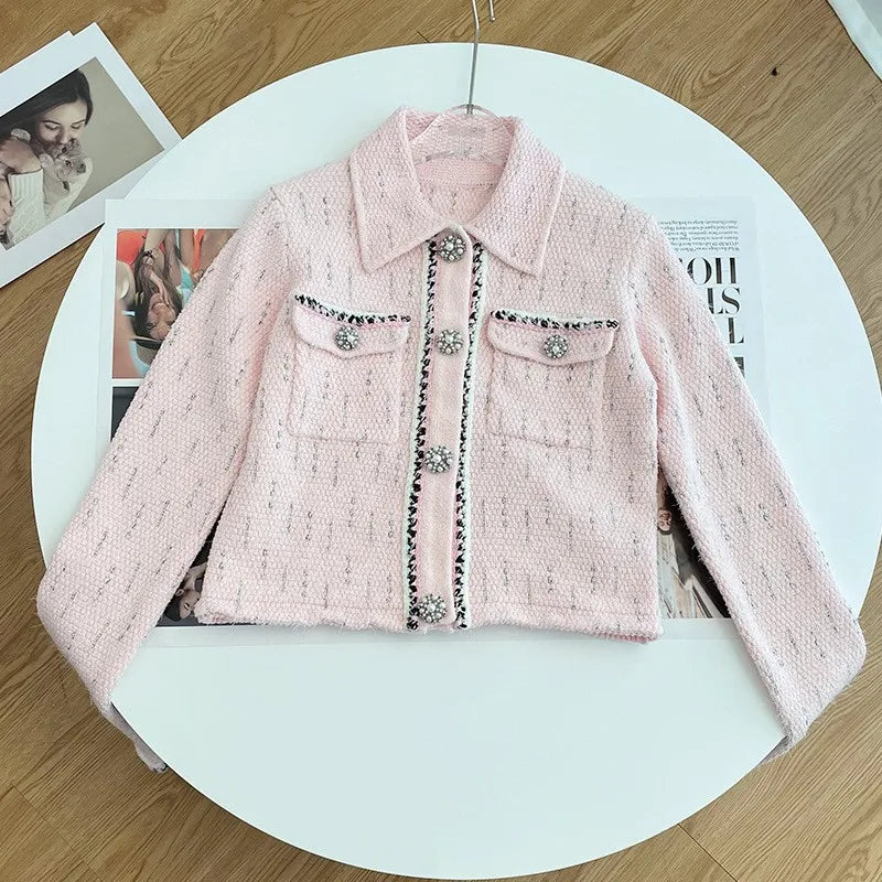 Slim Fit Spring Autumn Office Ladies Pink Tweed Short Jacket High Waist A-Line Skirt Two Piece Set Elegant Women Fashion Sets