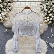 Fashion Tshirts Women's Clothing Heavy Diamond Tunic Tees  Ropa Mujer Crop Tops Sexy See Throught Gauze T Shirt Y2k T-shirt