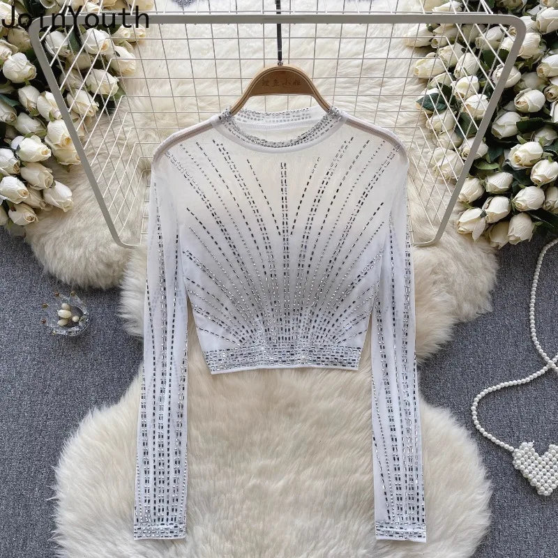 Fashion Tshirts Women's Clothing Heavy Diamond Tunic Tees  Ropa Mujer Crop Tops Sexy See Throught Gauze T Shirt Y2k T-shirt