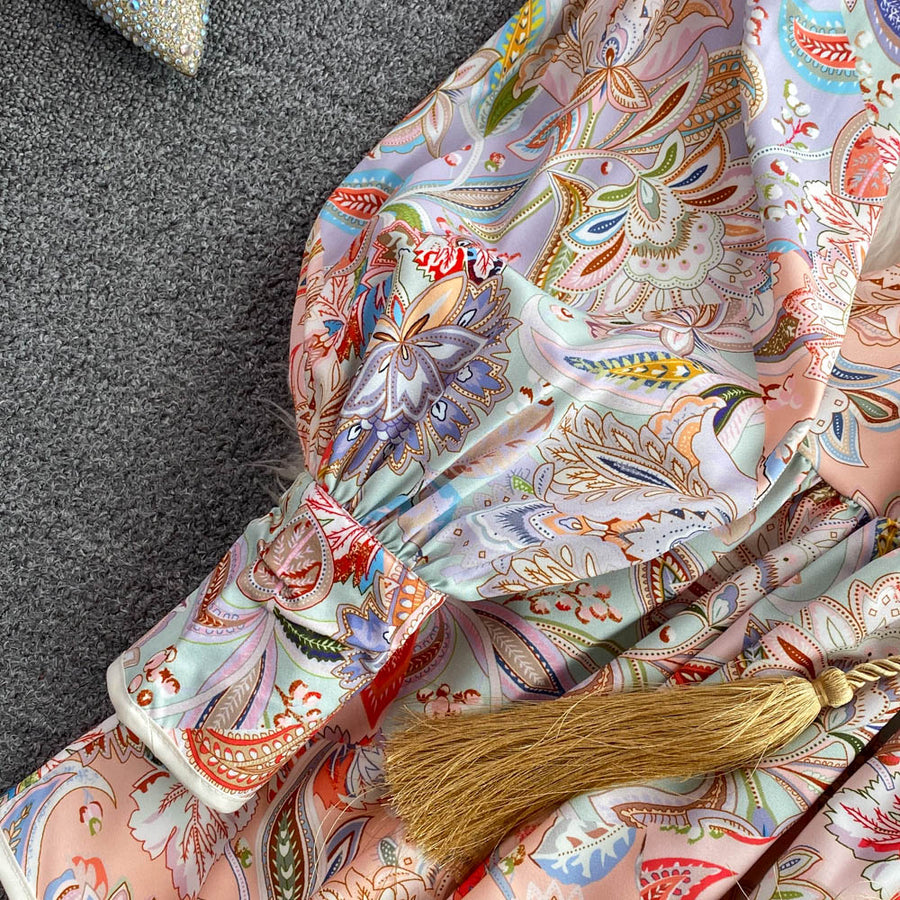 High Quality Big Hem Long Sleeve Turtleneck Printed Dress