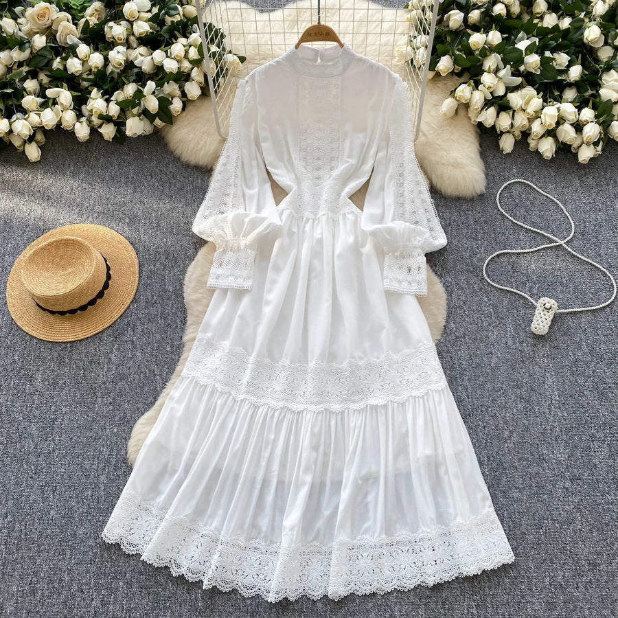 Elegant French vintage style high neck long sleeve evening dress with high quality lace openwork and splicing