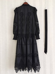 High Quality Vintage Flower Embroidery Lace Ruffled Puff Sleeve White Dress