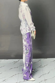 Printed Collar Long Sleeve Fashion Set High Quality Wide Leg Casual Sports Pants
