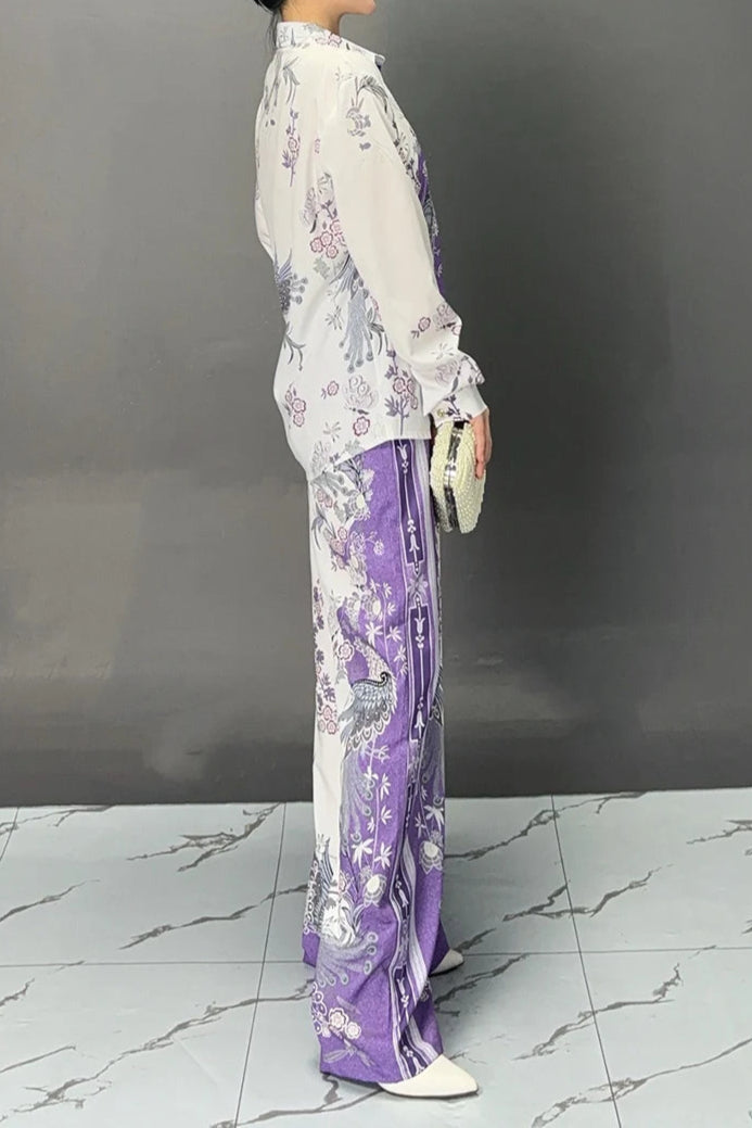 Printed Collar Long Sleeve Fashion Set High Quality Wide Leg Casual Sports Pants
