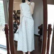 White Sleeveless Vest Dots Dress Summer New Beautiful Waist Cinching Slimming Long Skirt Commute Style Tie Waist Regular Fit