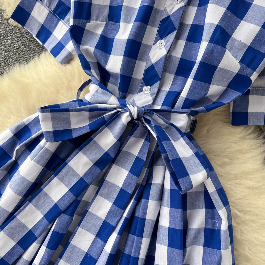 Blue and White Plaid Shirt Dress Short Sleeve Cross Sashes Lace Up Vintage Midi High Quality