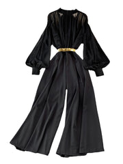 High Quality Wide Leg Lantern Sleeve Stand Collar Pleated Jumpsuit