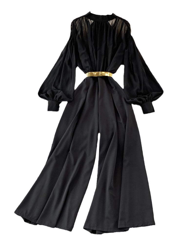 High Quality Wide Leg Lantern Sleeve Stand Collar Pleated Jumpsuit