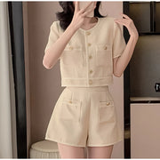 Two 2 Piece Shorts Sets Women Tweed Shorts Suits Office Ladies Single-Breasted Short Sleeve Jacket Coat High Waist Shorts S-XL