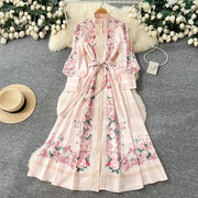 Elegant Lace Spliced Long Printed Dr Women's High Waist Lantern Sleeve Ball Gown Korean Sle Commute Fashion Spring Autumn Ladies