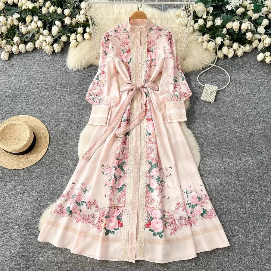 Elegant Lace Spliced Long Printed Dr Women's High Waist Lantern Sleeve Ball Gown Korean Sle Commute Fashion Spring Autumn Ladies