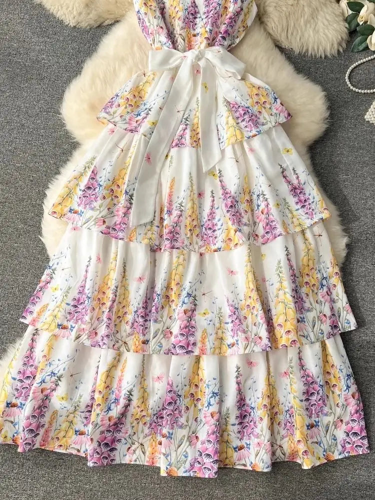 High Quality Lavender Flowers Cascading Ruffle Belt V Neck Sleeveless Dress