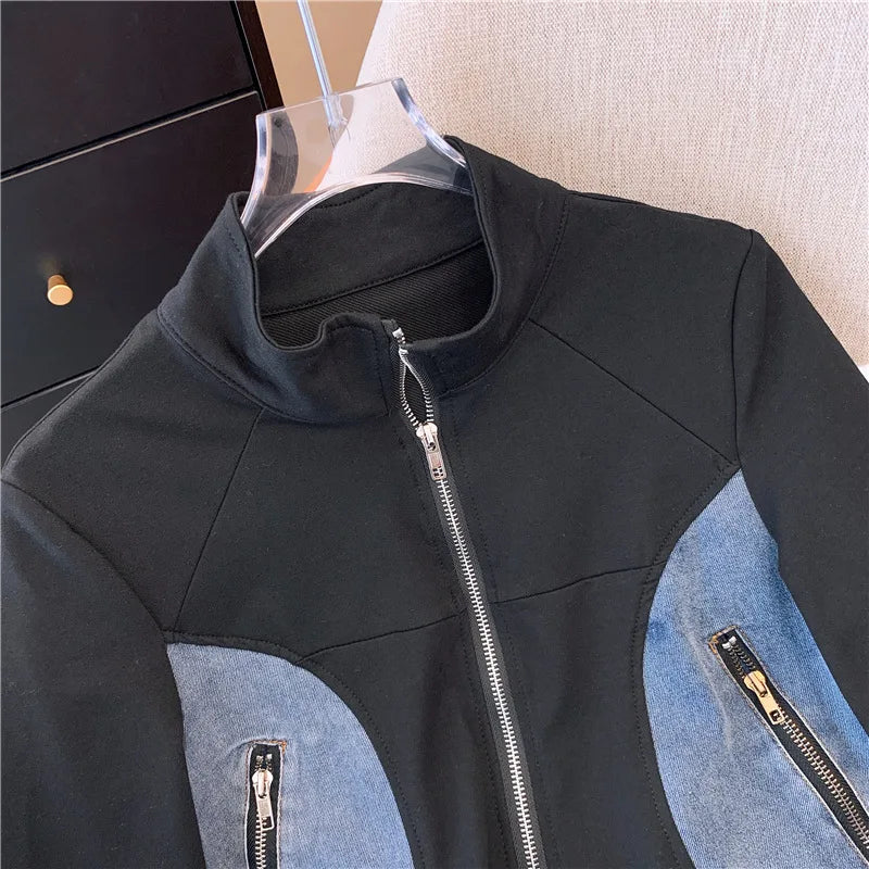 Summer New Stitched Zipper T-shirt top Female Set Elegant Women's Jeans Casual Blouse Two Piece Set Ladies Tracksuits big