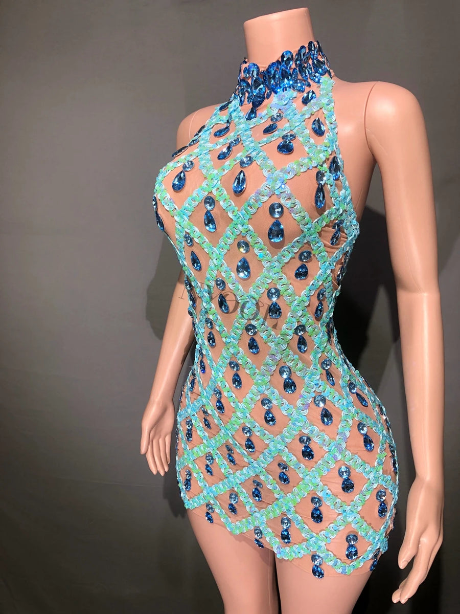 Sheer tight fit short dress with shiny pink sequins and diamonds