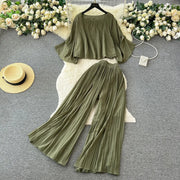 Casual Two Piece Set Loose Shirt+High Waist Straight Pants