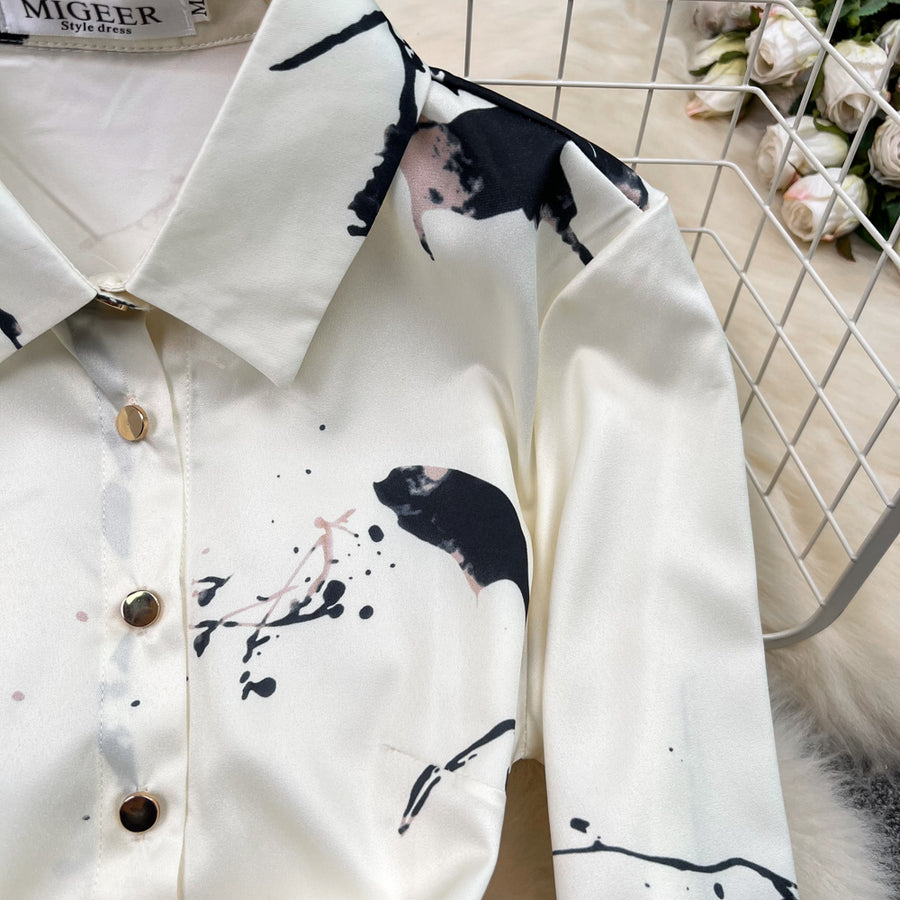 High Quality Satin Ink Print Polo Neck Long Sleeve A-Line Shirt Dress